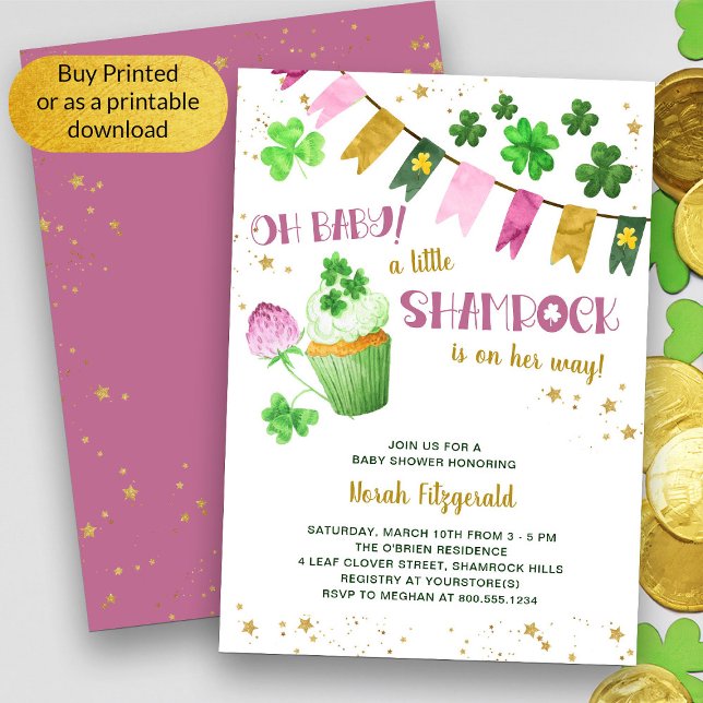 Invitation Petite St patrick Shamrock fille Oh Baby shower (Girl Baby Shower St Patricks Theme invitation - available printed or as a printable digital download)