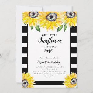 Invitation Petite tournesol Premier anniversaire Bandes noire