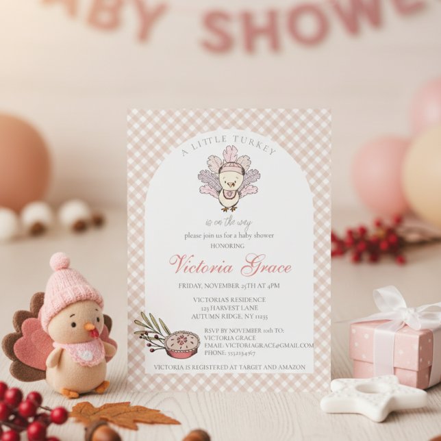 Invitation Petite Turquie Baby shower fille d'automne (Cute Autumn Little Turkey Thanksgiving & November Baby Shower Invitations for Mother to Be for Fall)