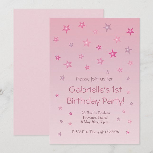 Invitation Petites Étoiles rose brillant Anniversaire de enfa (Devant / Derrière)