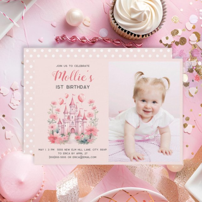Invitation Petites filles 1er anniversaire Château rose Photo (Cute pink princess castle baby girl's 1st birthday photo invitation)