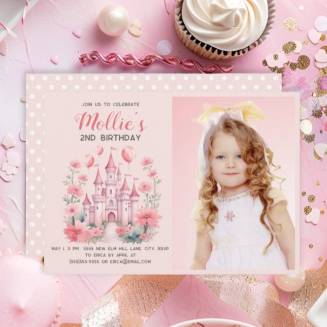 Invitation Petites filles 2e anniversaire Château rose Photo (Cute pink princess castle little girl's 2nd birthday photo invitation)