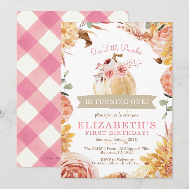 Invitation Petites Filles CITROUILLES Rose Floral Fête d'anni (Devant / Derrière)
