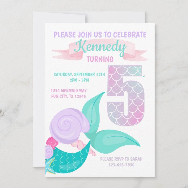 Invitation Petites filles de Mermaid 5e anniversaire Invitati (Devant)