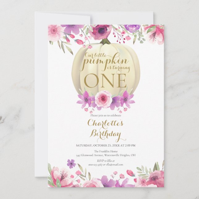 Invitation Petites filles florales Citrouilles 1er anniversai (Devant)