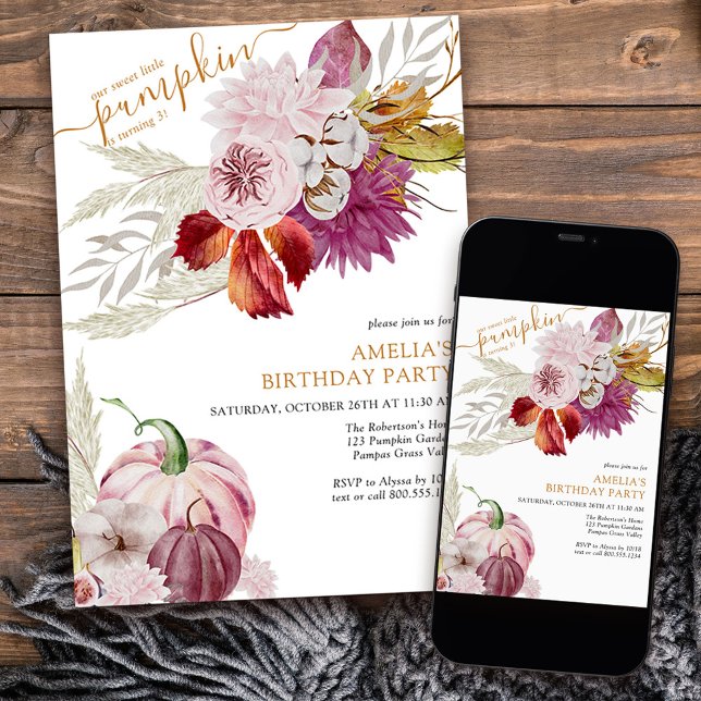 Invitation Petites filles florales rustiques Citrouilles Anni (Little Pumpkin Birthday invitation from my Little Pumpkin collection
)