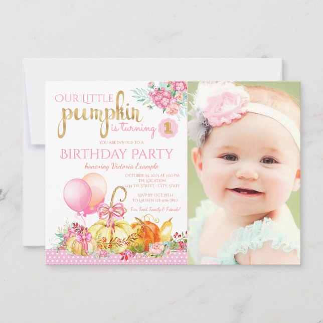 Invitation Petites filles Photo Citrouille Premier anniversai (Devant)