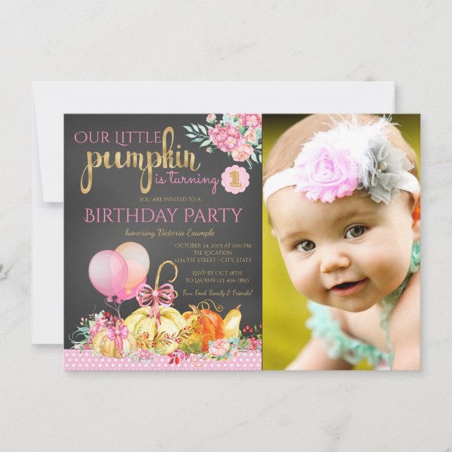 Invitation Petites filles Photo Citrouille Premier anniversai (Devant)