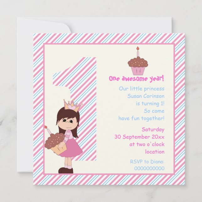 Invitation Petites filles princesses 1er anniversaire rose bl (Devant)