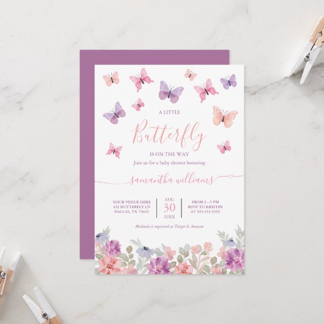 Invitation Petites fleurs de papillon Baby shower rose et vio (Devant/Arrière en situation)