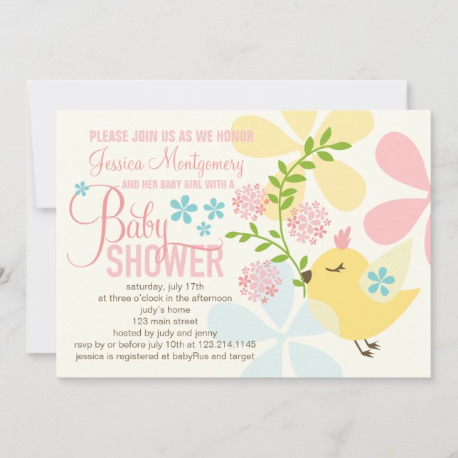 Invitation Petites fleurs d'oiseaux mignons Baby shower de fi (Devant)