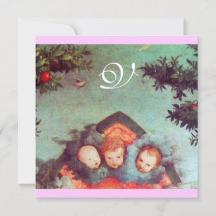 Invitation PETITS ANGES MONOGRAMME bleu antique clair rose