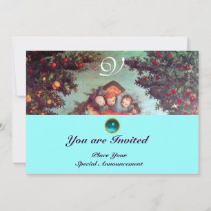 Invitation PETITS ANGES MONOGRAMME bleu antique rouge vif