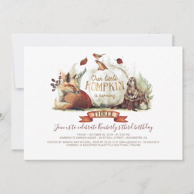 Invitation Petits animaux Citrouilles de bois d'automne Anniv (Devant)