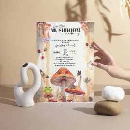 Invitation petits champignons baby shower rustique