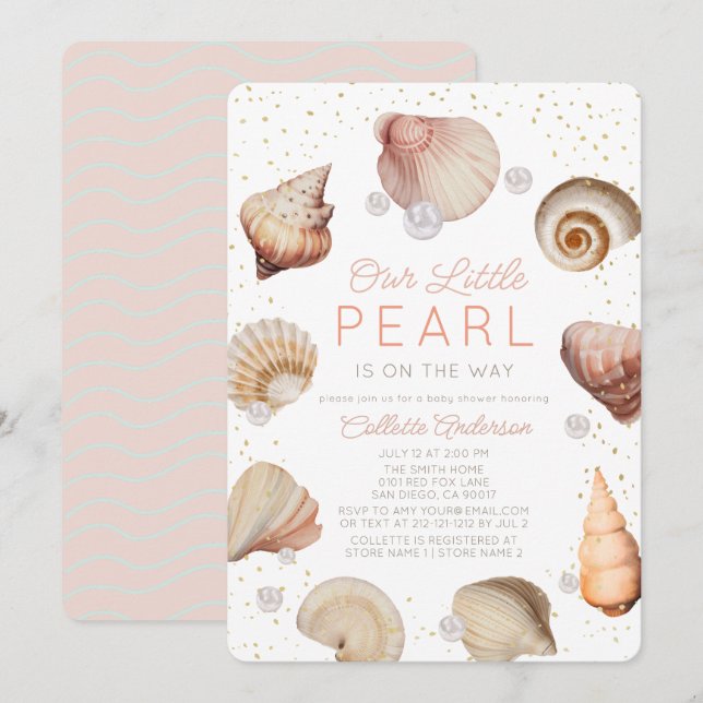 Invitation Petits coquillages de perles Baby shower de fille  (Devant / Derrière)