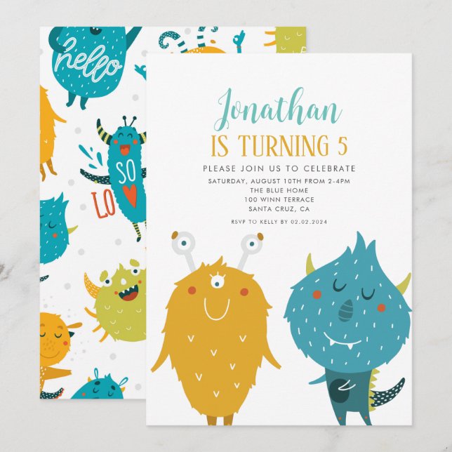 Invitation Petits monstres Fête d'anniversaire bleu et jaune (Devant / Derrière)