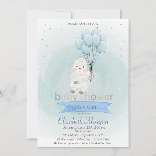 Invitation Petits moutons Etoiles Ballons Baby shower bleu (Devant)