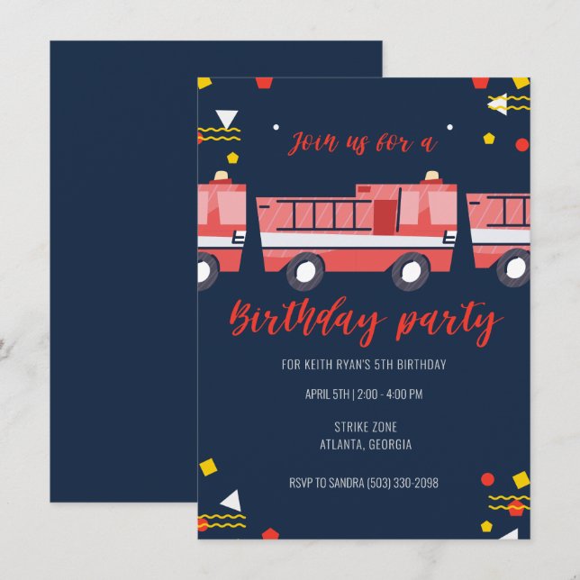 Invitation Petits pompiers garçons fête d'anniversaire (Devant / Derrière)