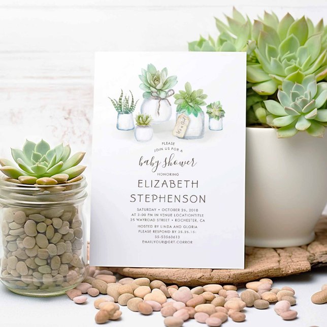 Invitation Petits succulents Mason jarres Baby shower rustiqu (Succulents Mason Jars Cute Rustic Baby Shower Invitations)