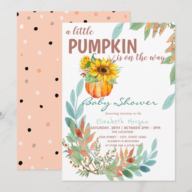 Invitation Petits tournesols Citrouilles, Feuilles, Baby show (Devant / Derrière)