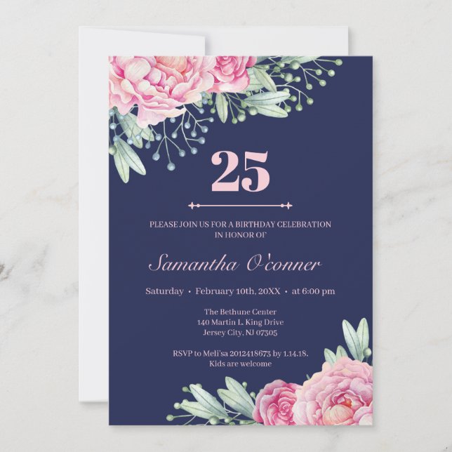 Invitation Pétonies florales roses rousses de la marine 25e a (Devant)