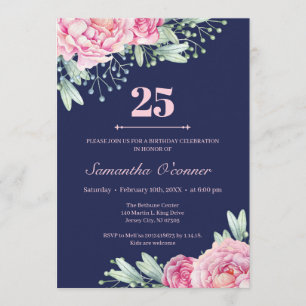 Invitation Pétonies florales roses rousses de la marine 25e a