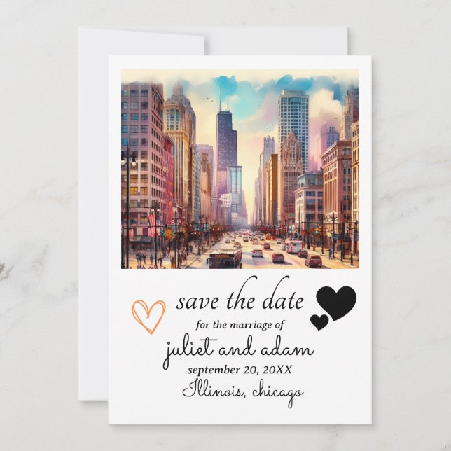 Invitation Peu de Hearts chicago skyline mariage enregistrer  (Devant)