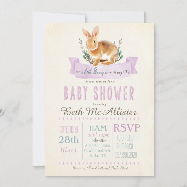 Invitation Peu d'invitation de baby shower de lapin (Devant)