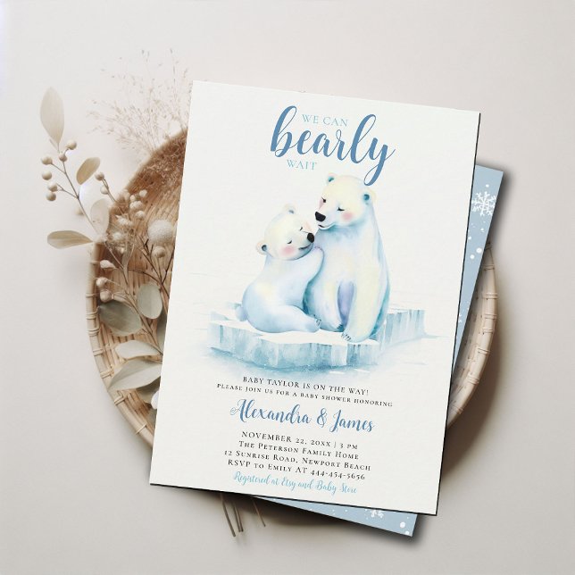 Invitation Peut Attendre Polaire Maman Ours Bébé Bébé Garçon  (we can bearly wait baby boy shower invitation winter polar mom bear cub cute sweet animal blue white)