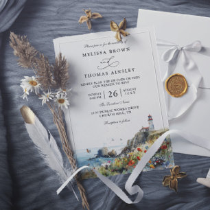 Invitation Phare de fleurs sauvages de plage Mariage code QR 