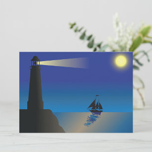 Invitation Phare et voilier la nuit Océan éclairé par la lune