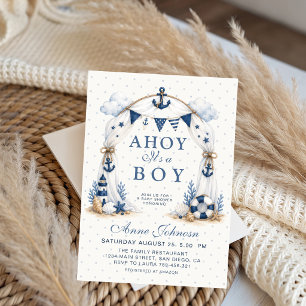 Invitation Phare nautique à pois bleus Ahoy C'est un garçon