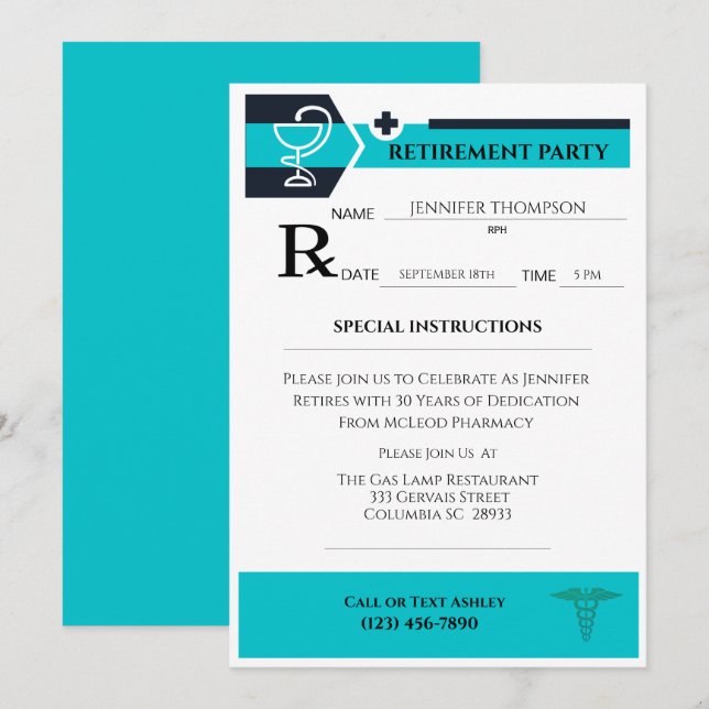 Invitation Pharmaciste Médicale Retraite du carnet d'ordonnan (Devant / Derrière)