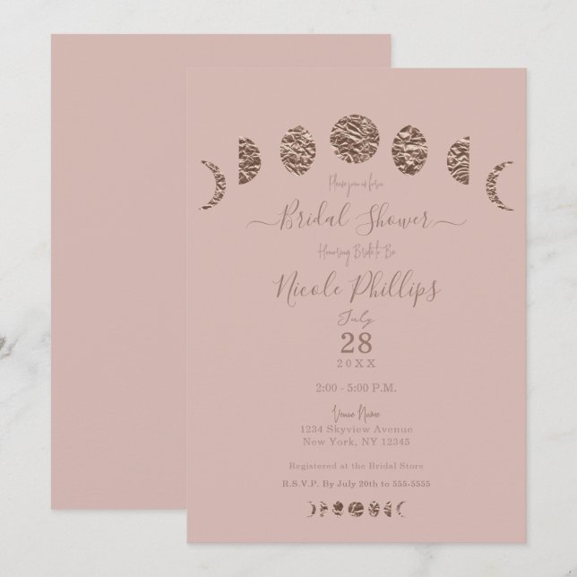 Invitation Phases de la lune rose Boho Fête des mariées moder (Devant / Derrière)