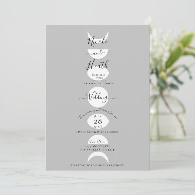 Invitation Phases de lune Cycles gris argent et Mariage blanc (Debout devant)