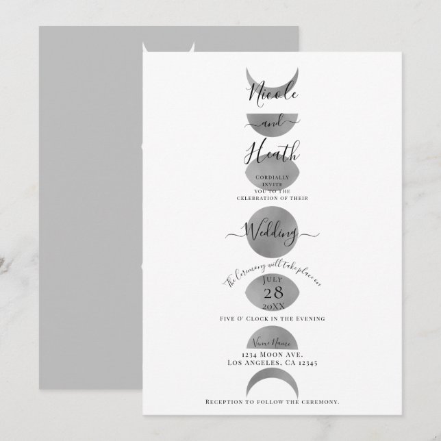 Invitation Phases de lune Cycles gris argent et Mariage blanc (Devant / Derrière)