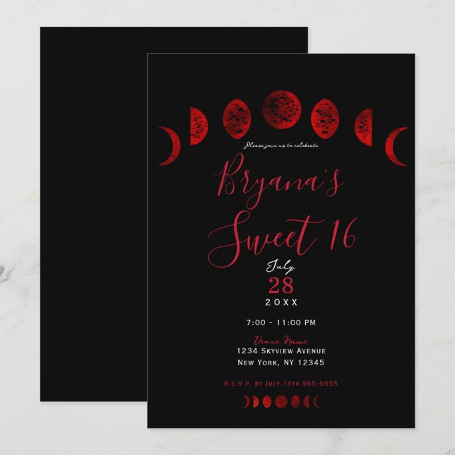 Invitation Phases de Lune noire rouge foncé Mariage gothique  (Devant / Derrière)