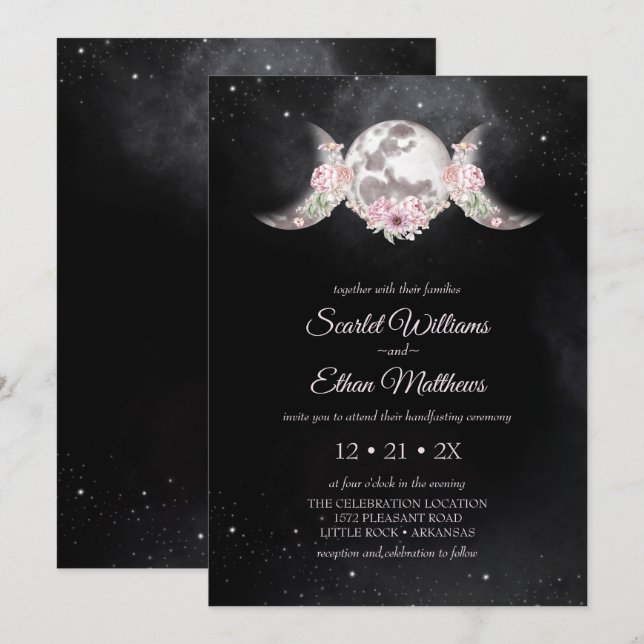 Invitation Phases de lune rose florale Mystique Wicca Handfas (Devant / Derrière)