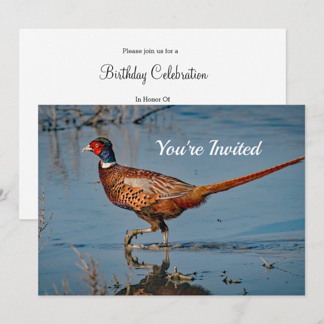 Invitation Pheasant Blue Water Photo Anniversaire (Devant / Derrière)