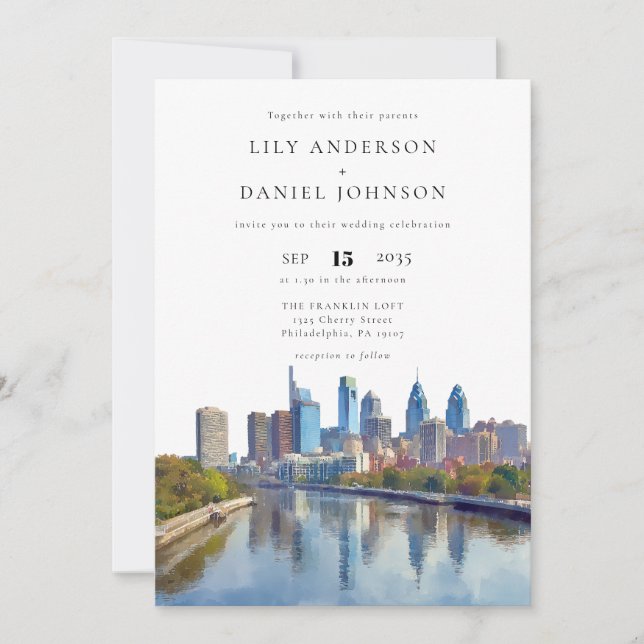 Invitation Philadelphia Skyline Watercolor Elegant Wedding (Devant)
