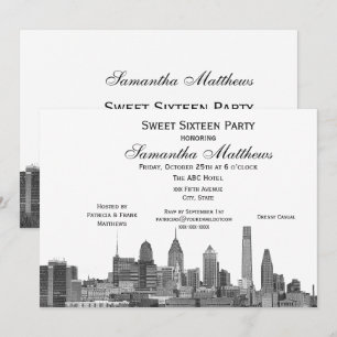 Invitation Philadelphie Black Etched Look Skyline Sweet 16