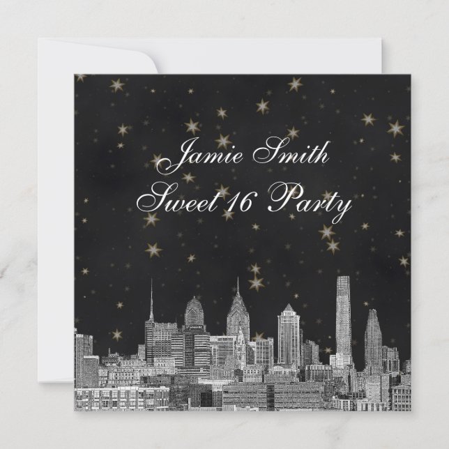 Invitation Philadelphie Skyline Black Gold Star Sweet 16 (Devant)