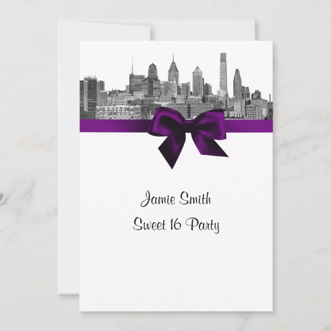 Invitation Philadelphie Skyline Etch BW Purpl V Sweet sixteen (Devant)