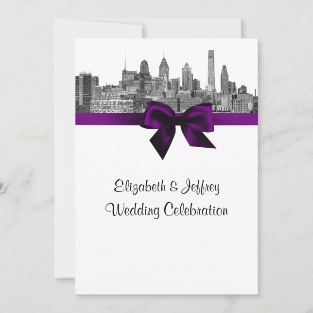 Invitation Philadelphie Skyline Etch BW Purple V Mariage (Devant)