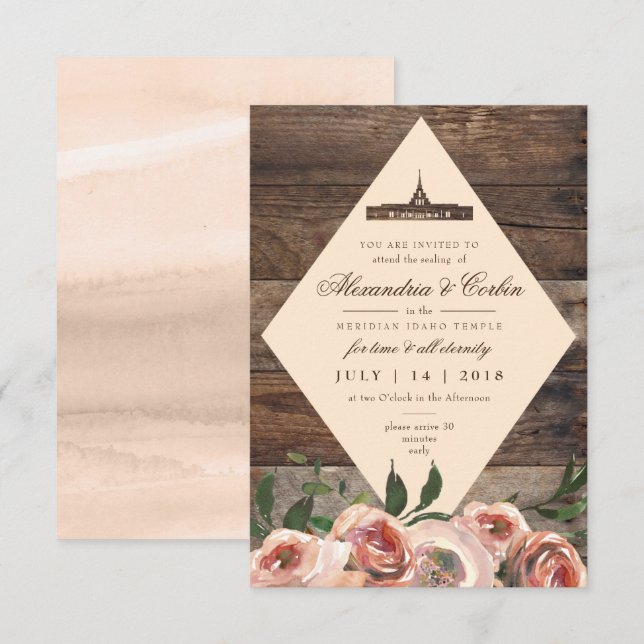 Invitation Phoenix Arizona Temple Sealing Card | Bois rustiqu (Devant / Derrière)