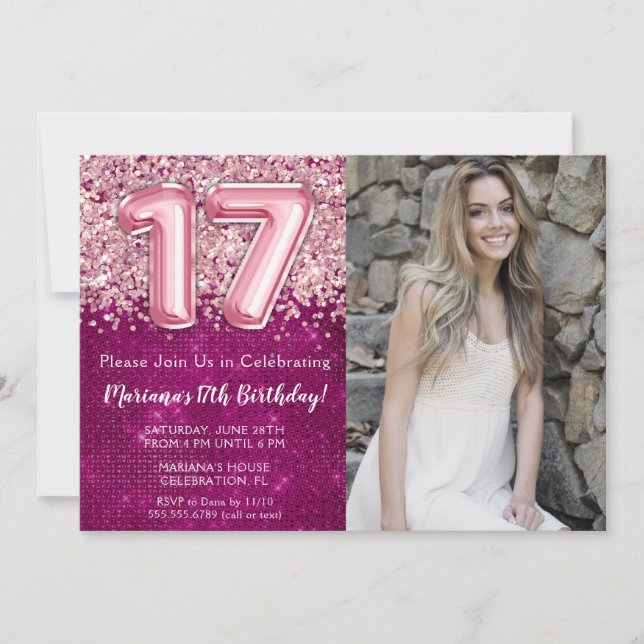 Invitation Photo 17th Girl Magenta Pink Anniversaire (Devant)