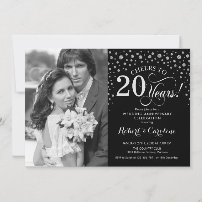 Invitation Photo 20e anniversaire du Mariage - Silver Black (Devant)