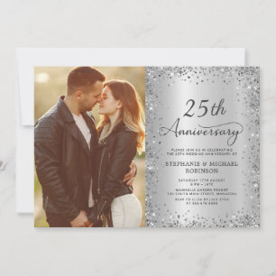 Invitation Photo 25e anniversaire de mariage Chic Argent Pail
