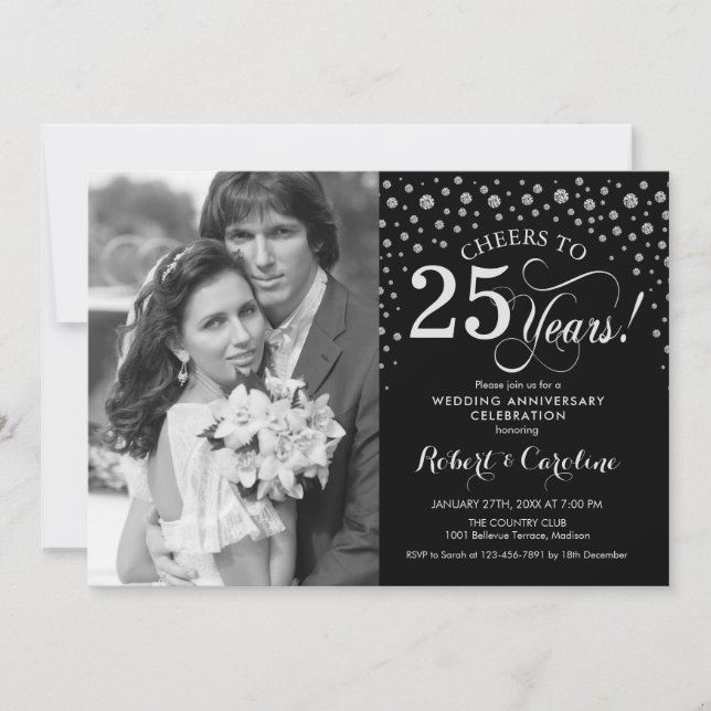 Invitation Photo 25e anniversaire de mariage - Noir Argent (Devant)